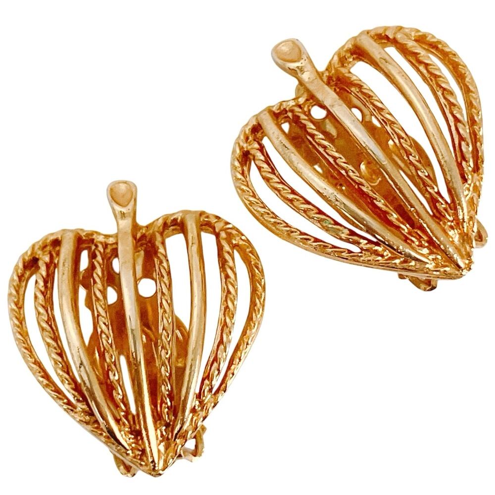 Vintage 1960s Heart Clip On Earrings Mid Century Gold Tone Sculptural Jewelry